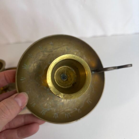 Pair Vintage Brass Candlestick Chamber Stick Finger Holder MCM Etched Floral - Picture 3 of 14